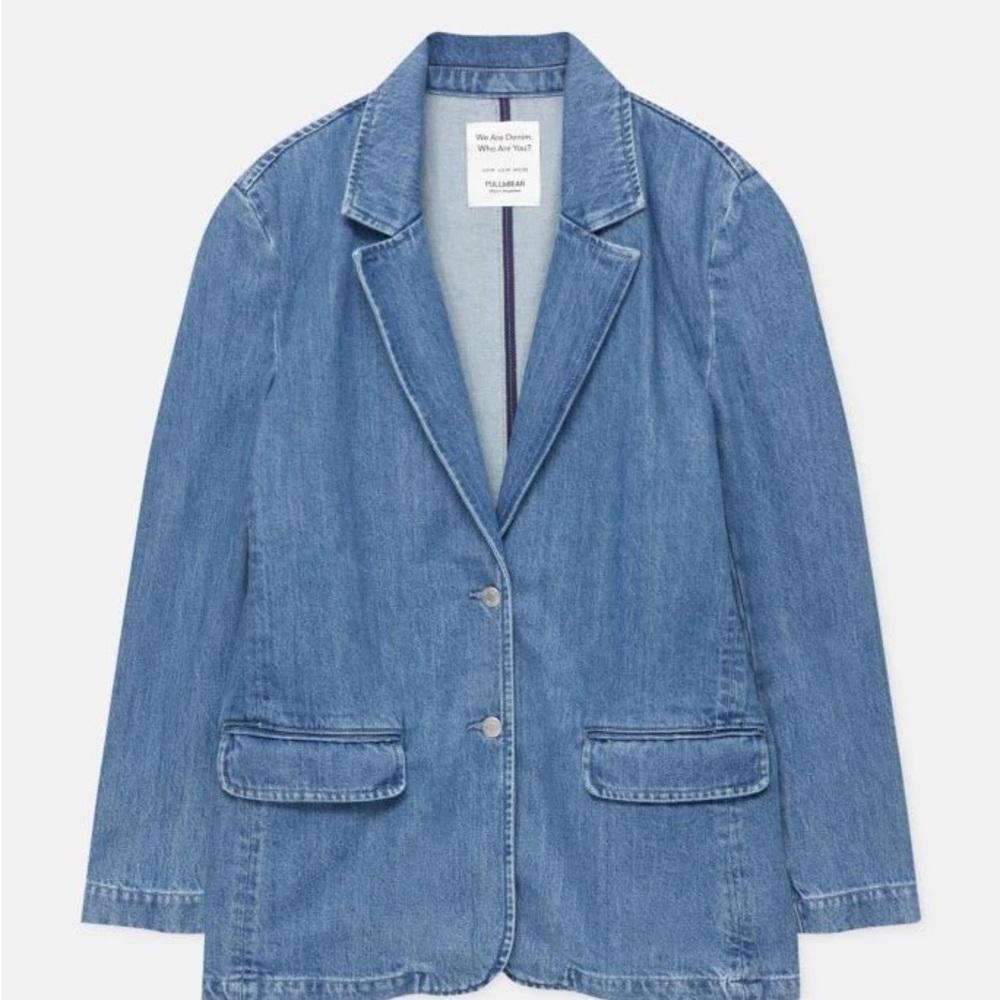 PULL & BEAR Denim Button Blazer Jacket $123 SIZE MEDIUM Spain Classic Midweight